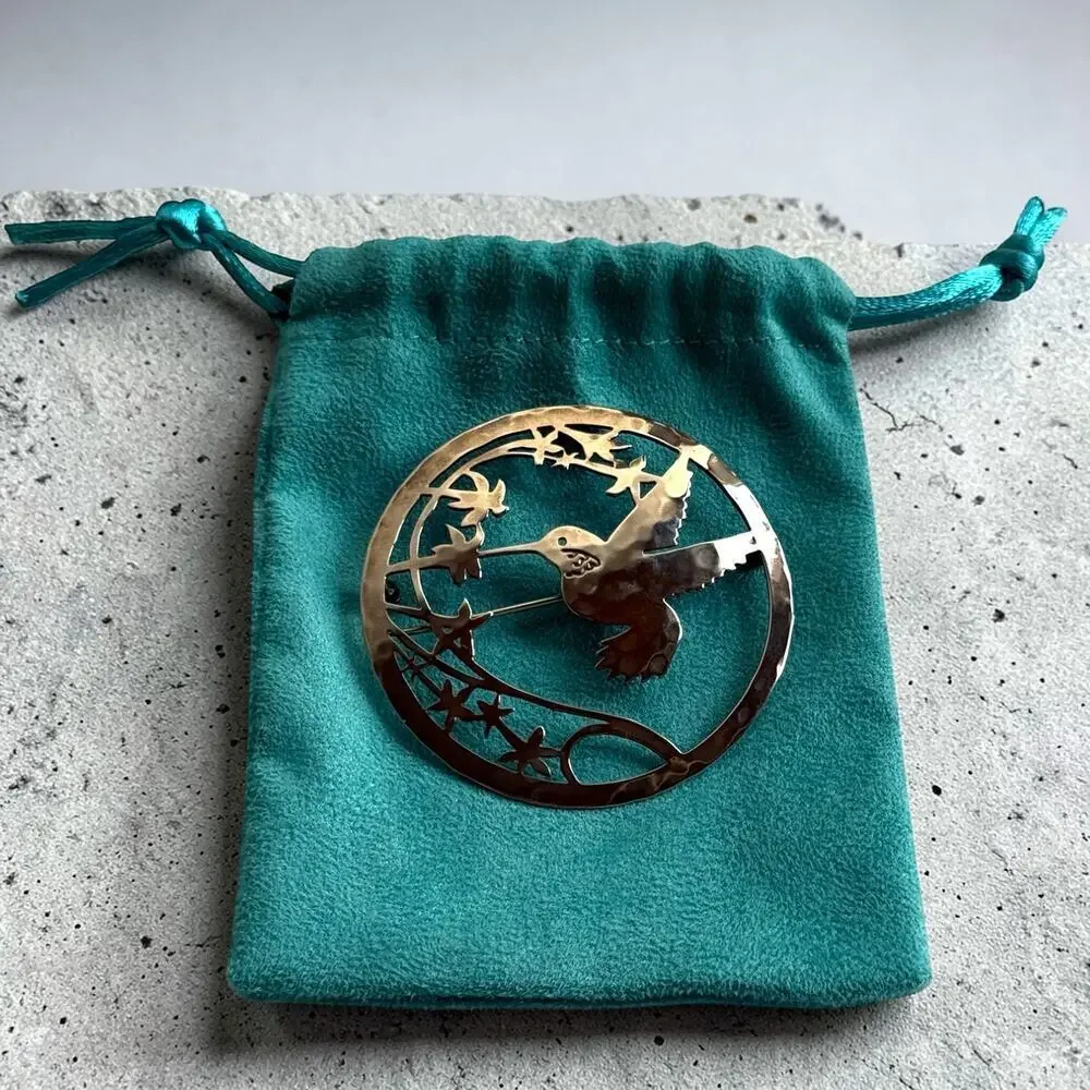 Wild Bryde Hummingbird Brooch Hammered Silver Tone Modernist Bird Circle Pin